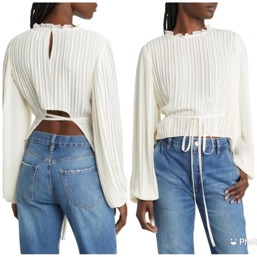 Frame Top Women’s Small Pleated Balloon Sleeve Blouse Ivory Cut Out Back B17